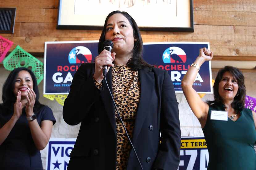 Attorney General nominee Rochelle Garza spoke during a campaign rally at Chocolate Secrets...