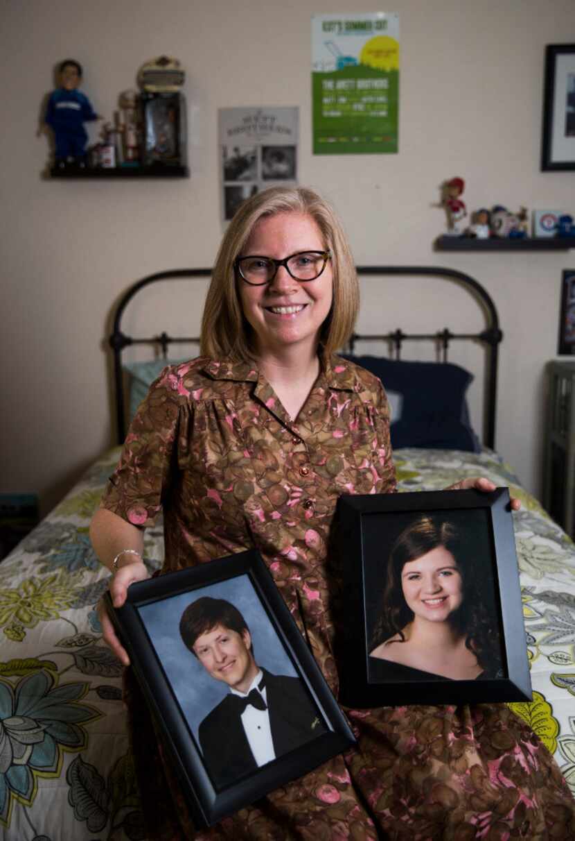 Robin LaBounty holds photos of her son, Gabe LaBounty, 20, who is a student at the...