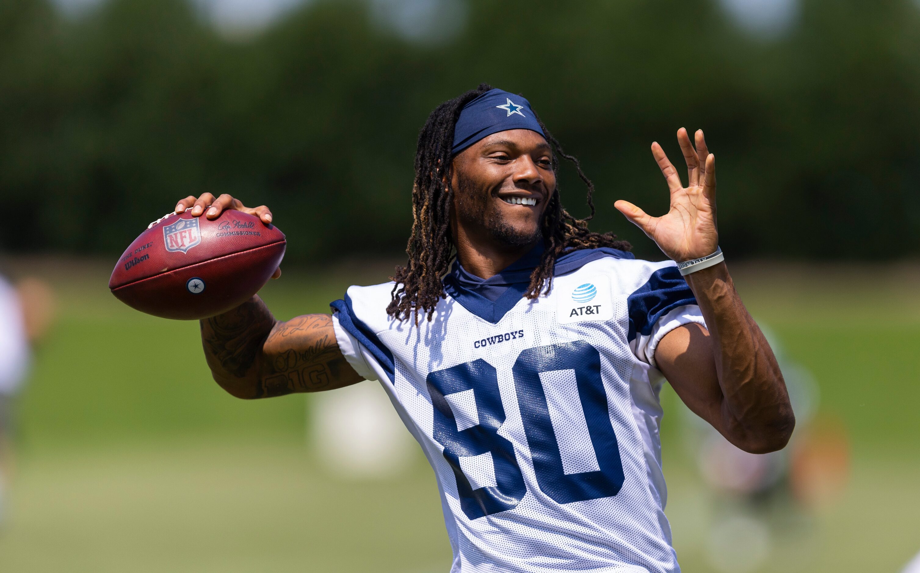 Dallas Cowboys wide receiver Brandon Smith throws during practice at The Star in Frisco,...