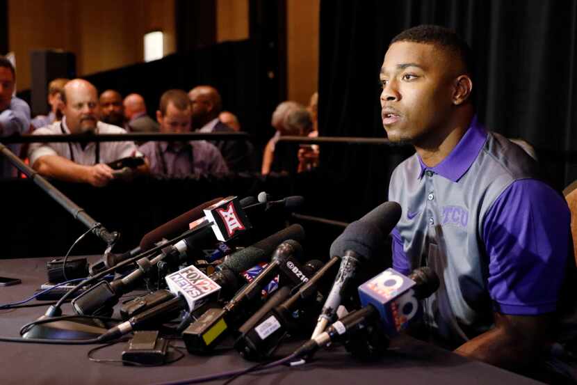 Trevone Boykin, QB for TCU answers questions from the news media during the Big 12...