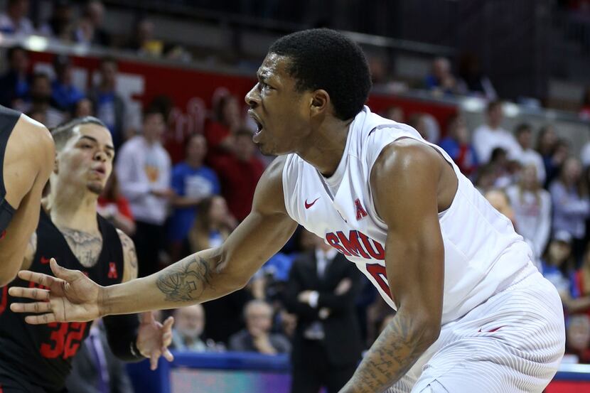 Southern Methodist Mustangs guard Jahmal McMurray (0) reacts after losing the ball on a lay...