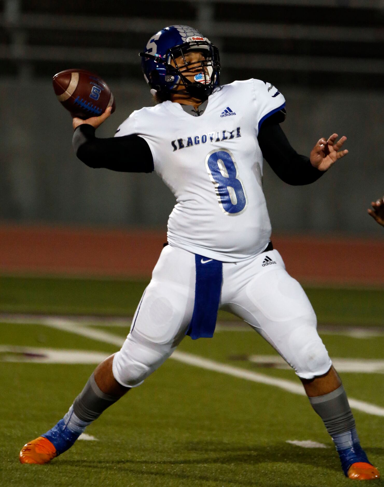 Seagoville QB Lafayette Pate (8) throws a pass during the first half of high school football...