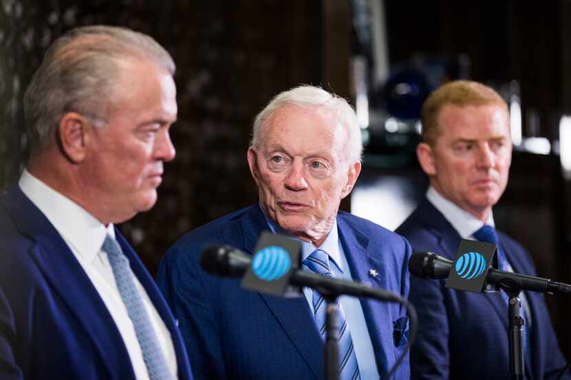 FILE - Cowboys owner Jerry Jones (center), executive vice president Stephen Jones (left) and...