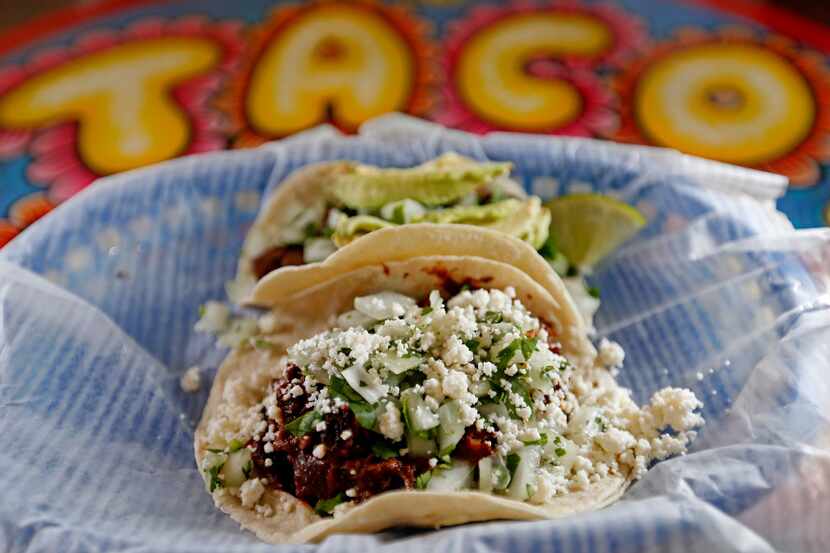 Two tacos, Puerco Verde and Carne Asada, at Tacodeli in Sylvan Thirty in Dallas, Wednesday,...