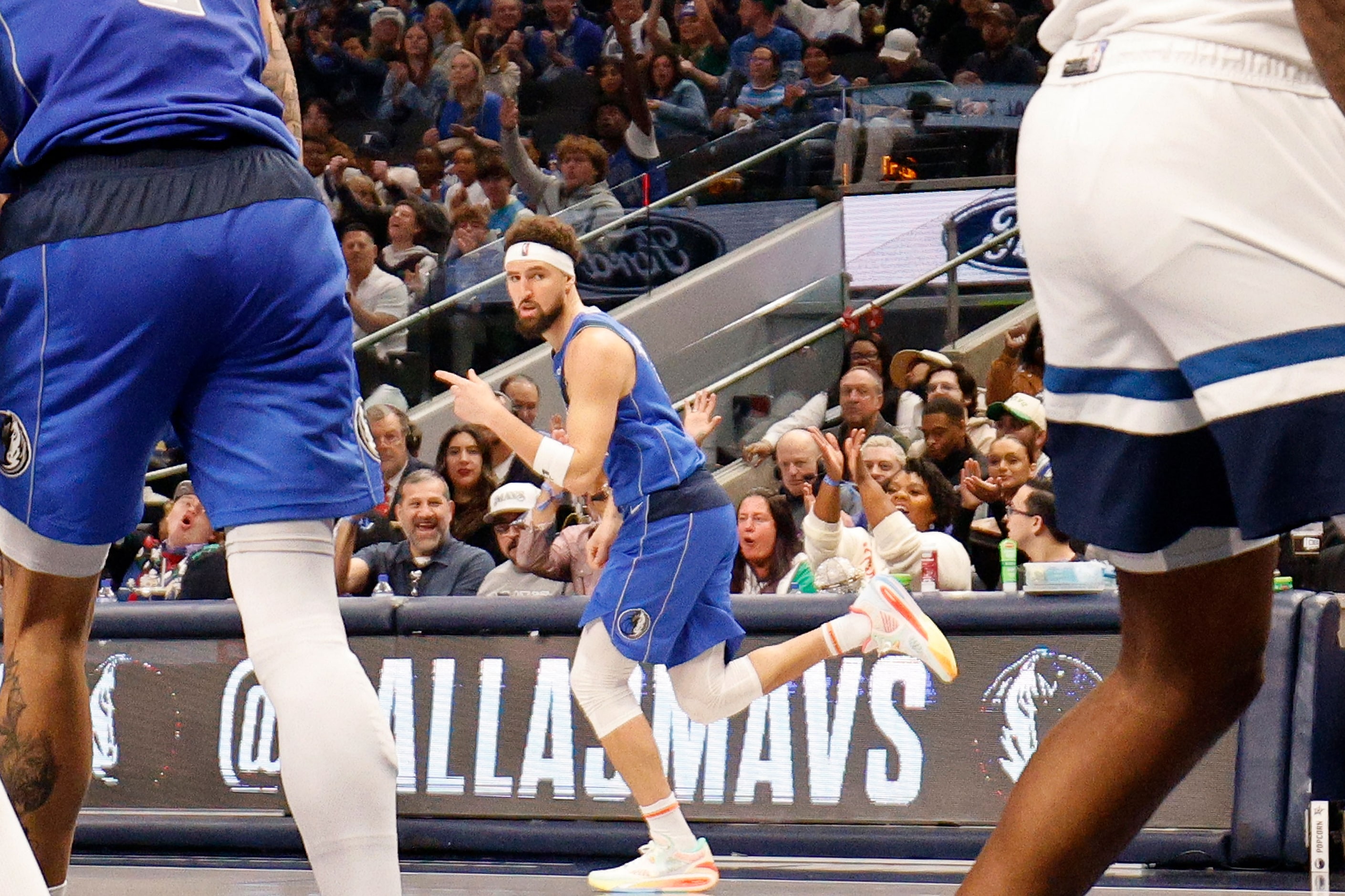 Dallas Mavericks guard Klay Thompson (31) gestures after scoring a three-point shot to tie...