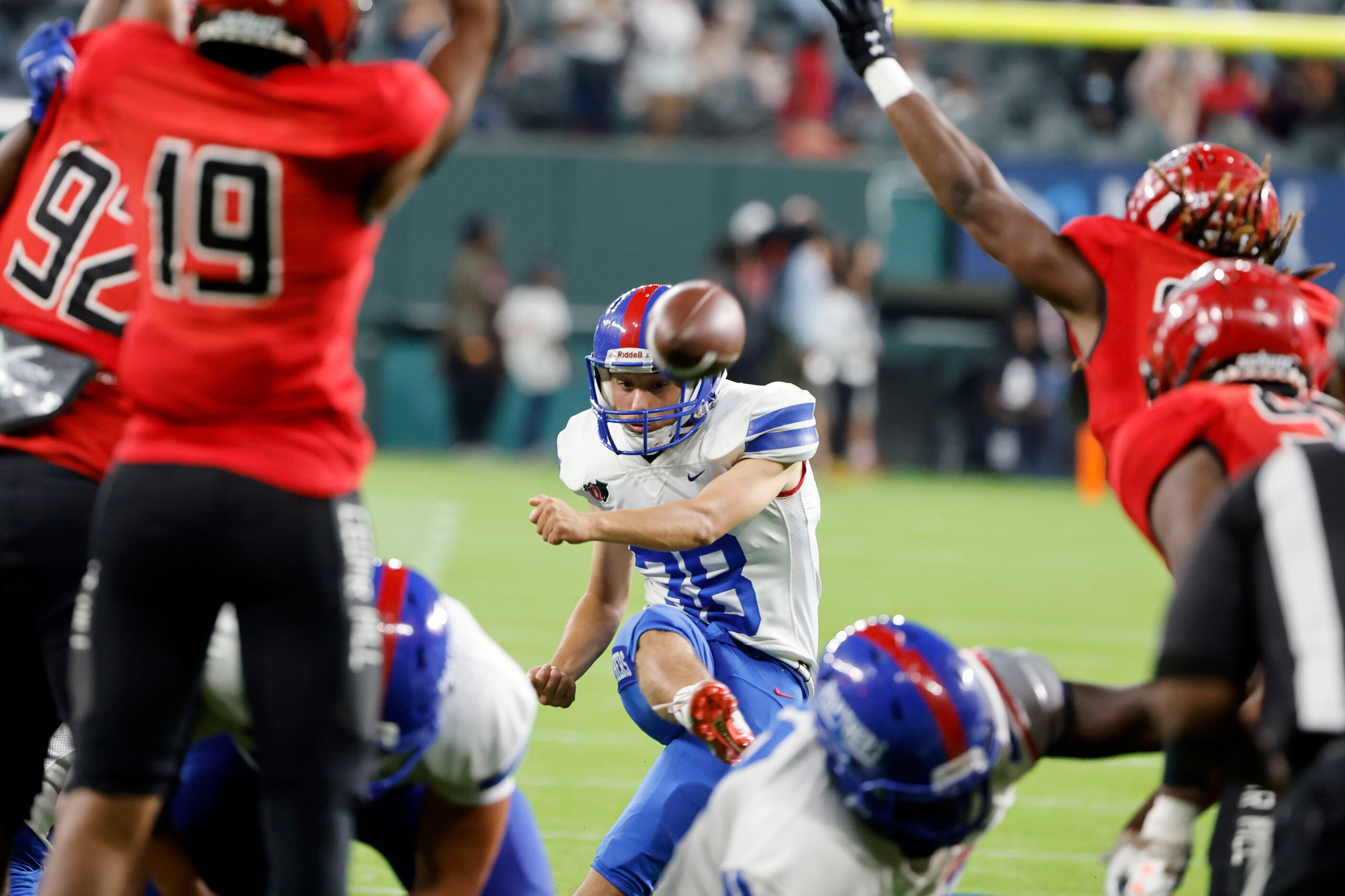 Duncanville’s Armando Benitez (38) kicks a field goal against Cedar Hill during a high...