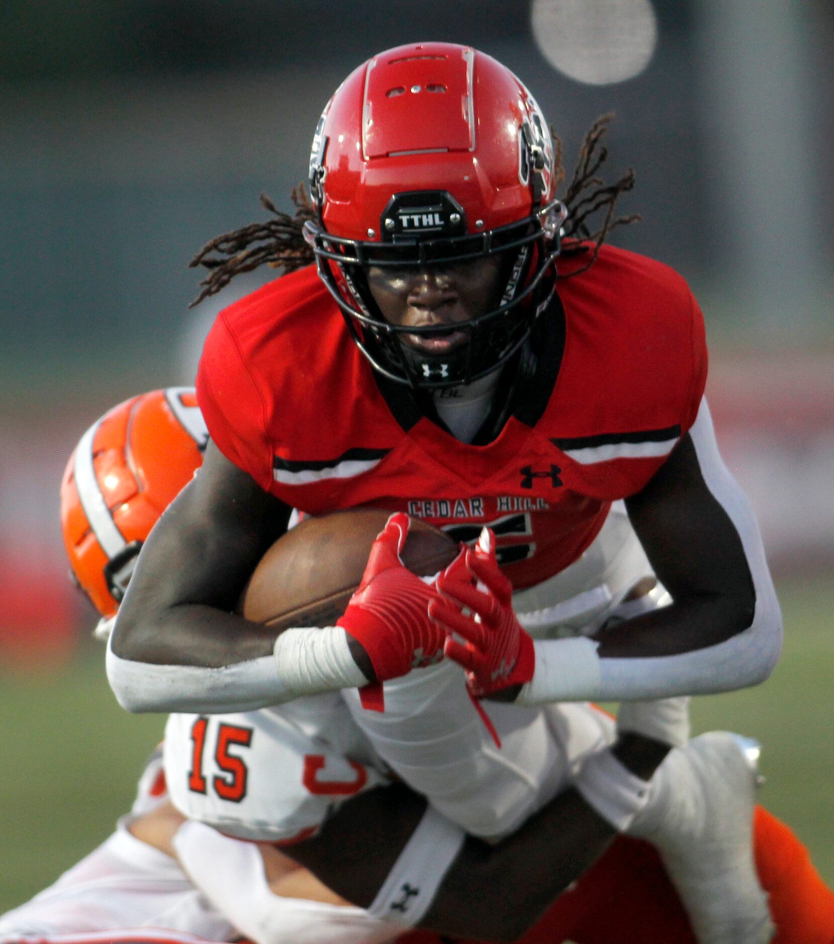 Cedar Hill running back Robert Richardson (6) dives near the goal line as he is stopped...