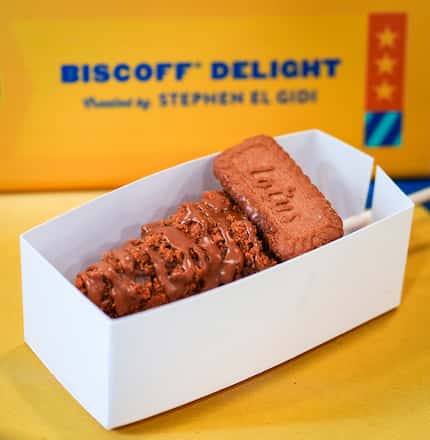Biscoff Delight by concessionaire Stephen El Gidi is a piece of cheesecake, on a stick. It's...