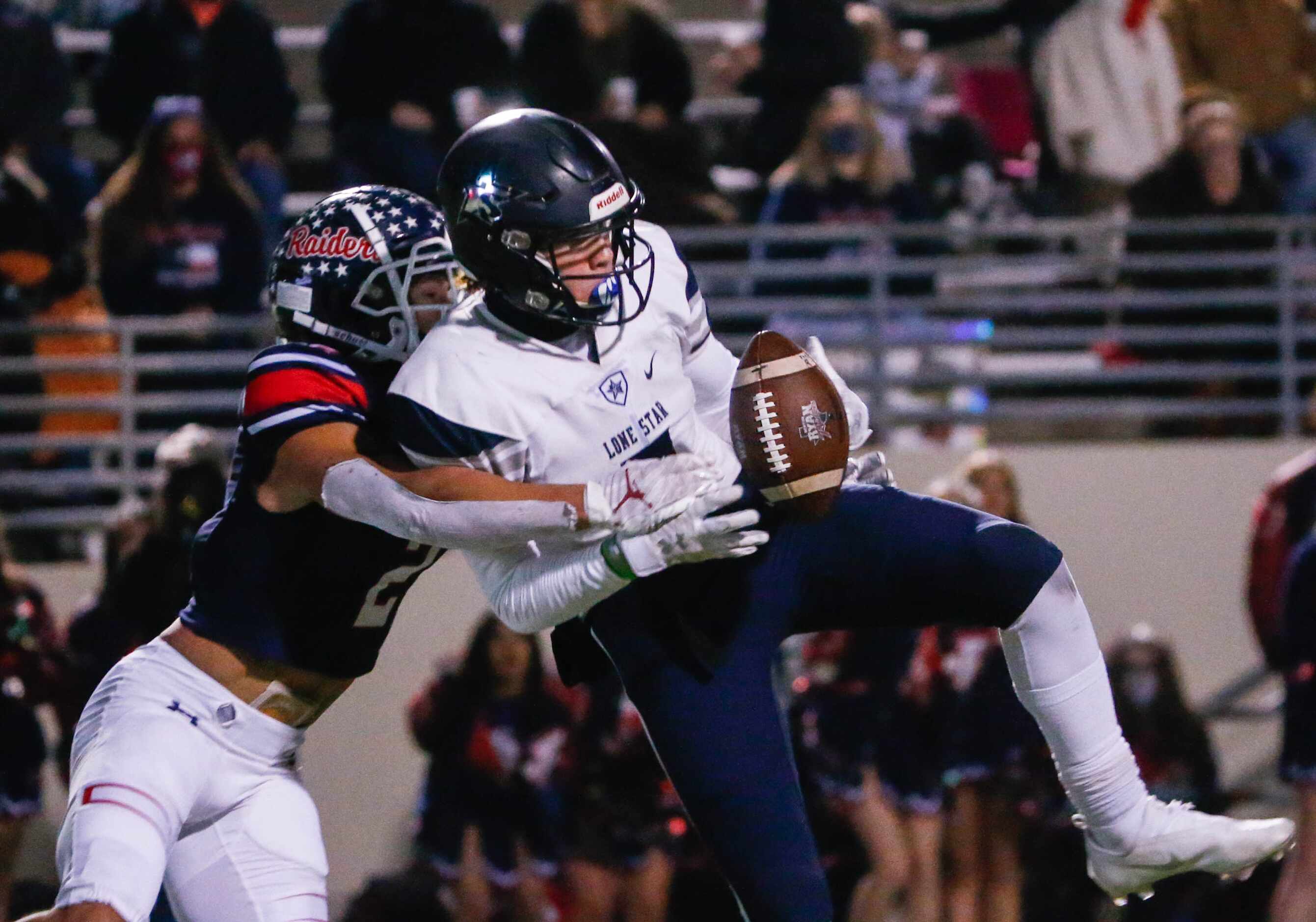 A pass intended for Denton Ryan's Billy Bowman Jr. (2) is blocked by a Lone Star Rangers...