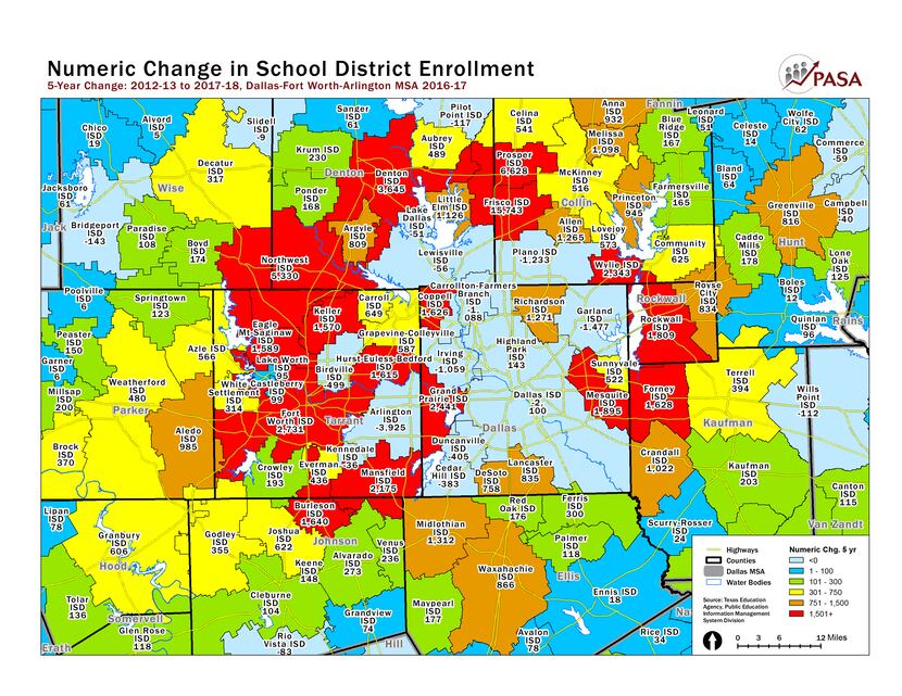 This map shows the change in school district enrollment over the last five years, when...
