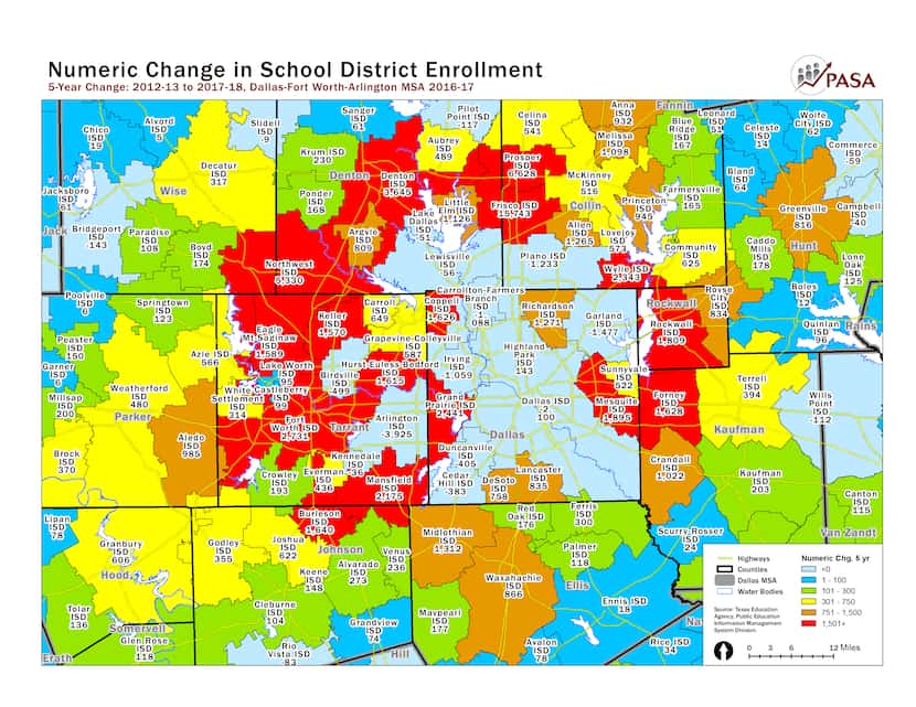 This map shows the change in school district enrollment over the last five years, when...