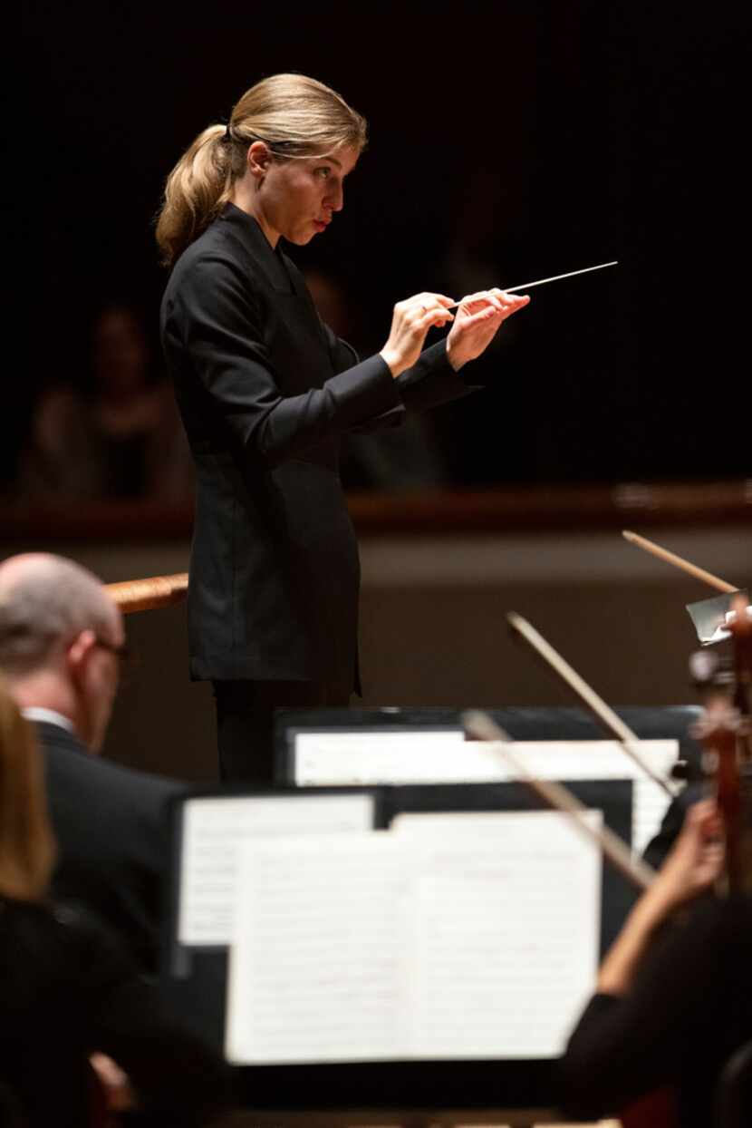 Guest conductor Karina Canellakis leads the Dallas Symphony Orchestra at the Meyerson...