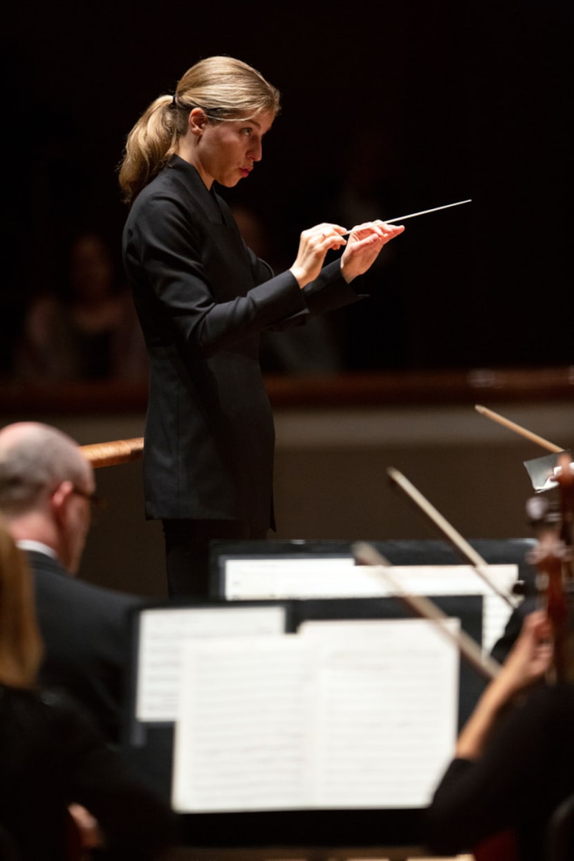 Guest conductor Karina Canellakis leads the Dallas Symphony Orchestra at the Meyerson...