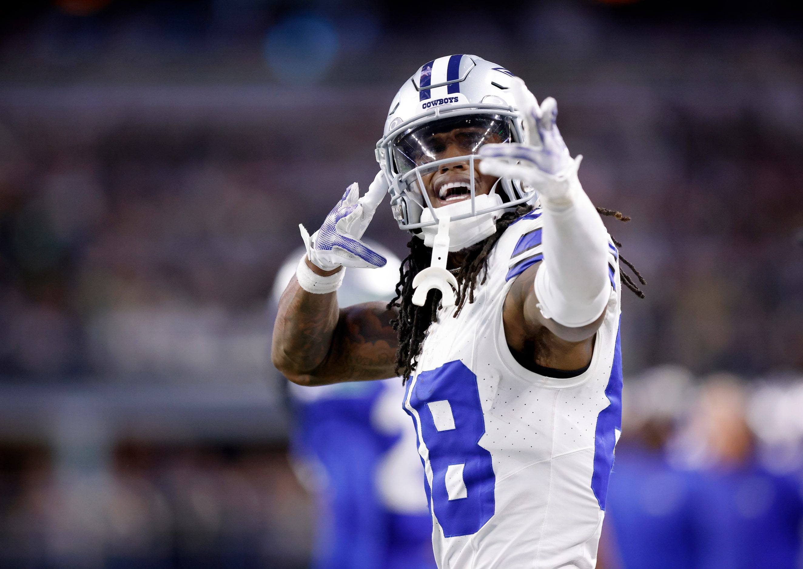 Dallas Cowboys wide receiver CeeDee Lamb (88) celebrates a big first down following a fourth...