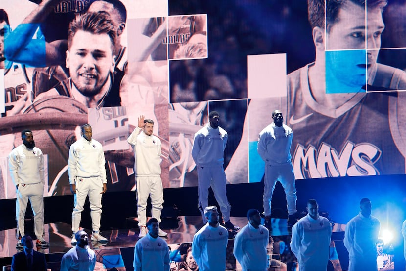 The Dallas Mavericks' Luka Doncic is introduced at the NBA All-Star Game at United Center in...