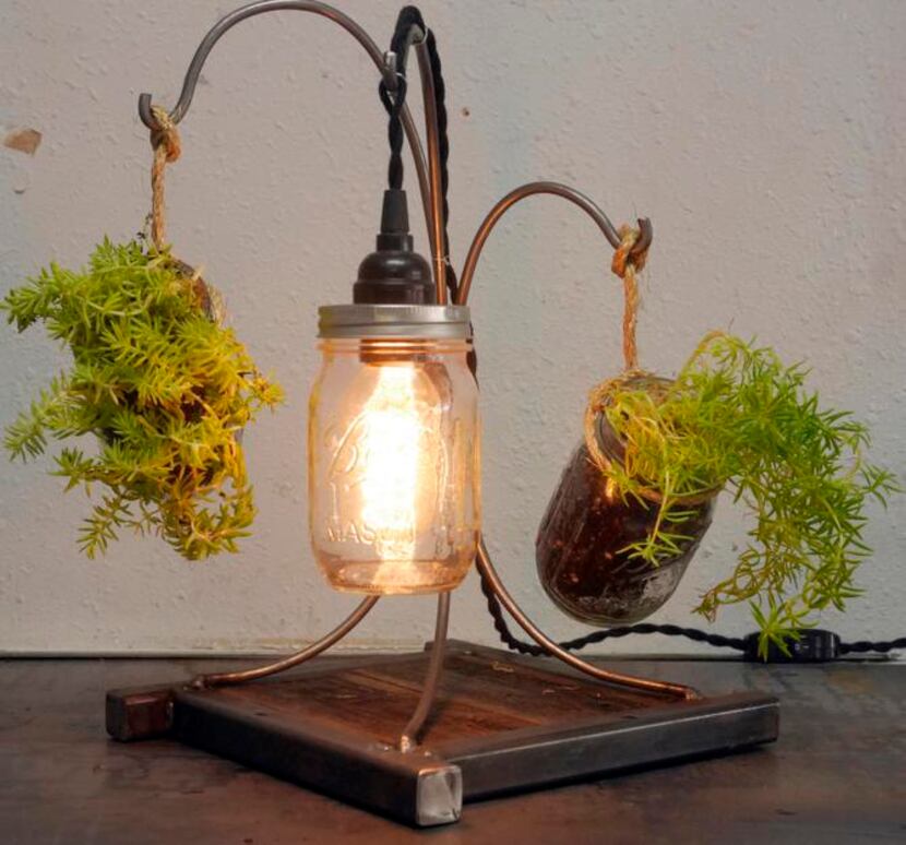 
Detail photograph of Life and Light - Mason Jar Planter Lamp by metal/wood artist Tyler...