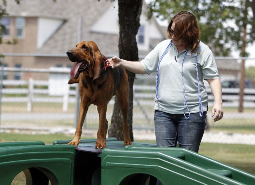 Bandy Hicks and her dog Ruger took a break during an exercise session Thursday at the Boat...