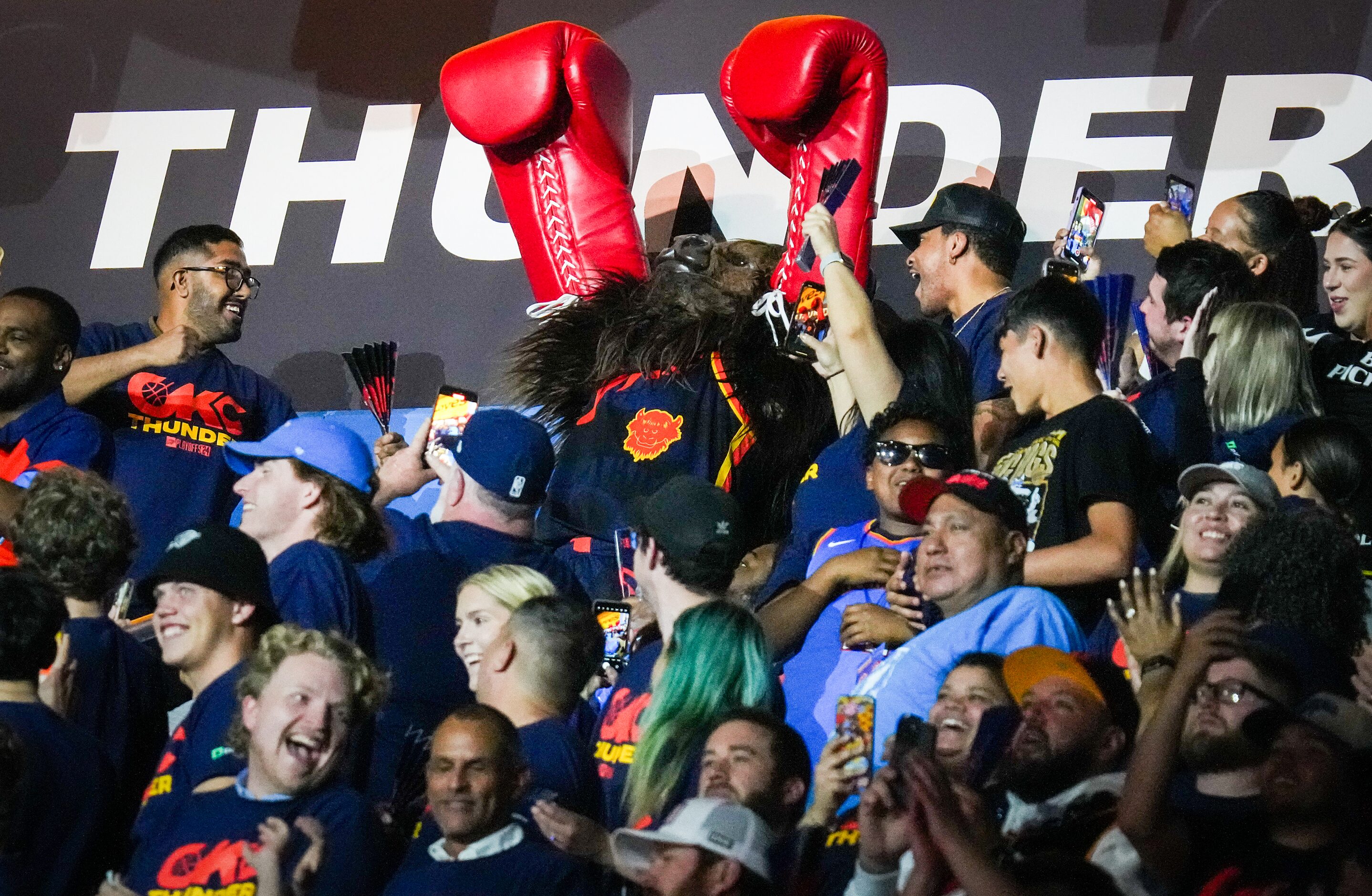 Oklahoma City Thunder mascot Rumble the Bison cheers during a Rocky themed skit during the...