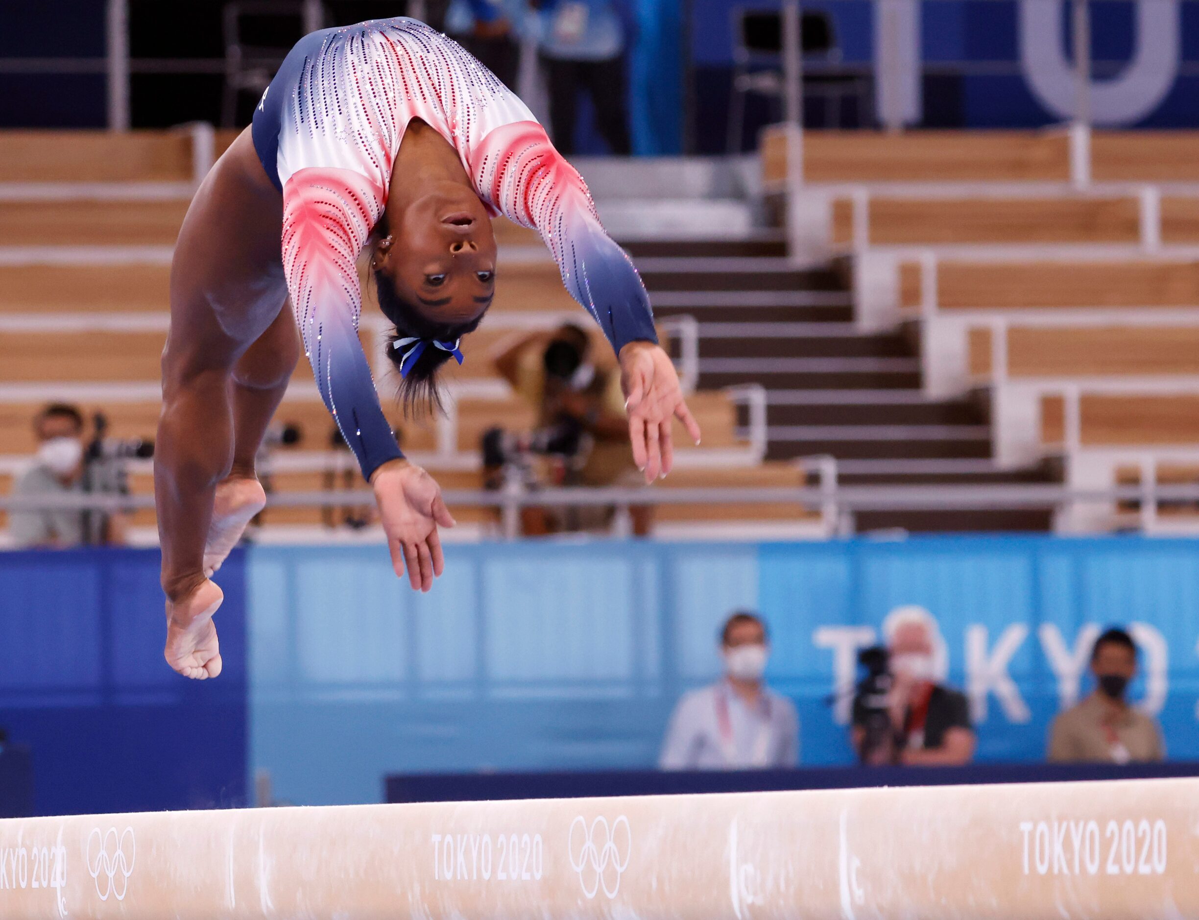 USA’s Simone Biles before competes in the women’s balance beam final at the postponed 2020...