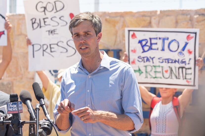 U.S. Rep. Beto O'Rourke addresses the press after he and other politicians visited the...