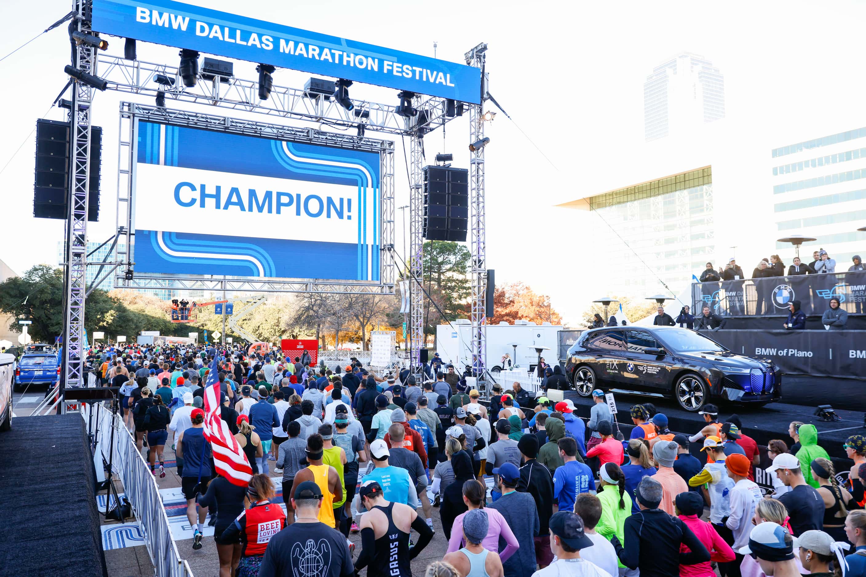 Runners wait at the starting line during 2023 BMW Dallas Marathon on, Sunday, Dec. 10, in...