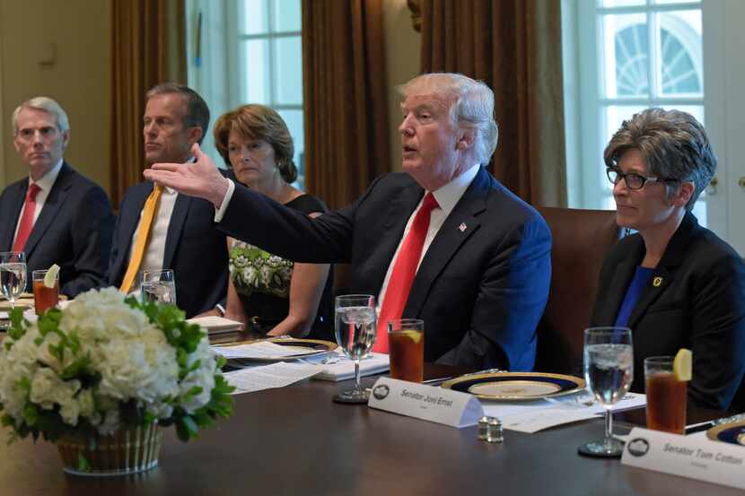 President Donald Trump speaks before having lunch with Republican senators in the Cabinet...