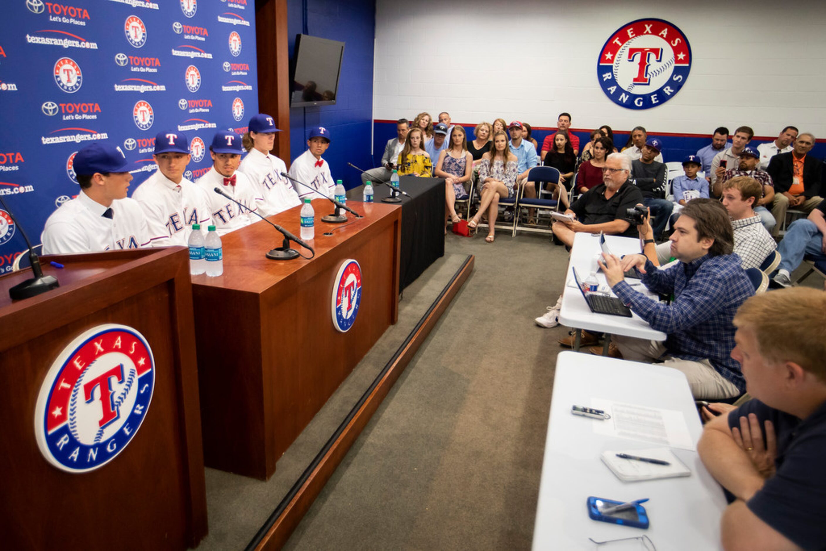 From left, Texas Rangers 1st round pick, pitcher Cole Winn of Orange Lutheran (CA) High...