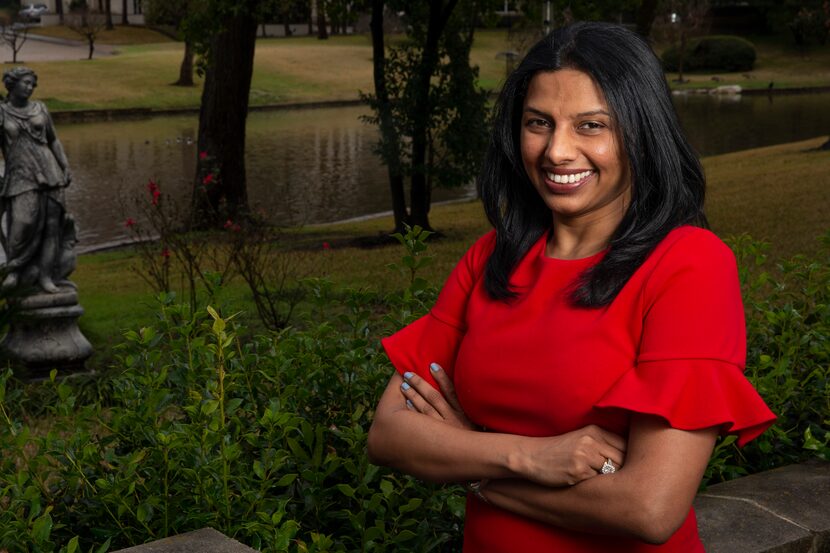 Republican candidate Sunny Chaparala poses for a portrait in her family’s home in Dallas on...