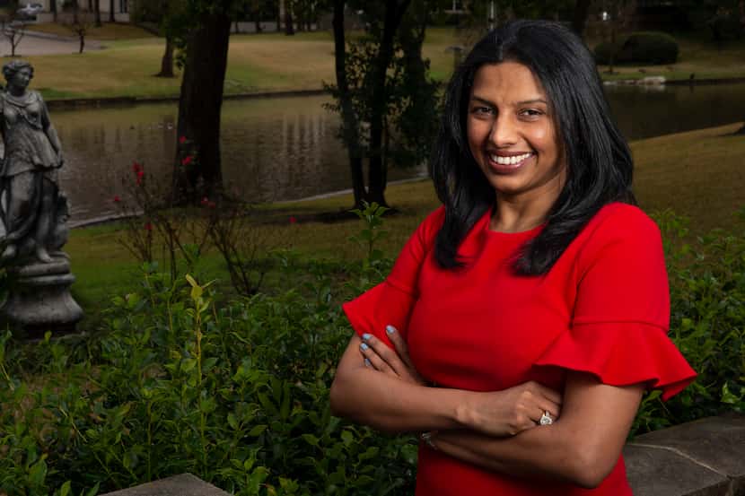 Republican candidate Sunny Chaparala poses for a portrait in her family’s home in Dallas.
