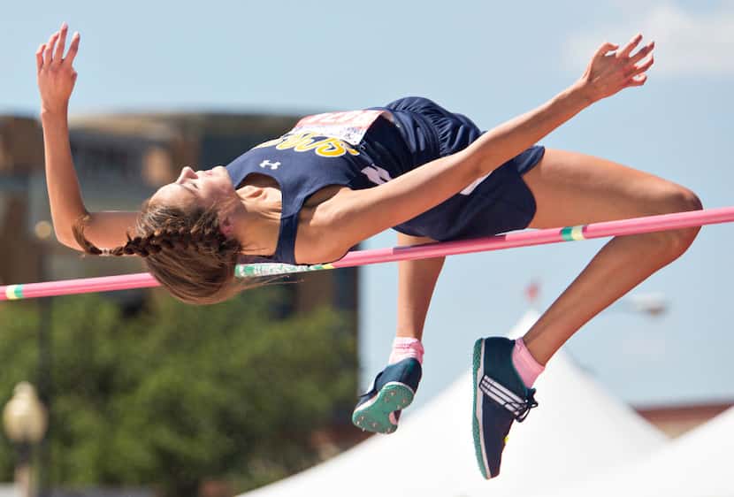 Highland Park's Falyn Reaugh (2474) takes a jump during the 5A Girls High Jump during the...