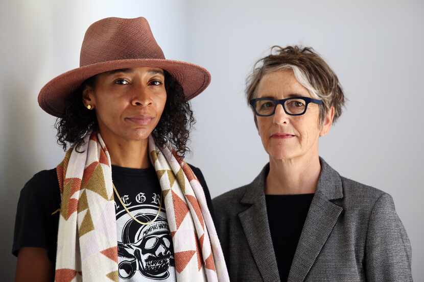 Artist Lauren Woods, left, and curator Kimberli Meyer, right, stand for a portrait at the...