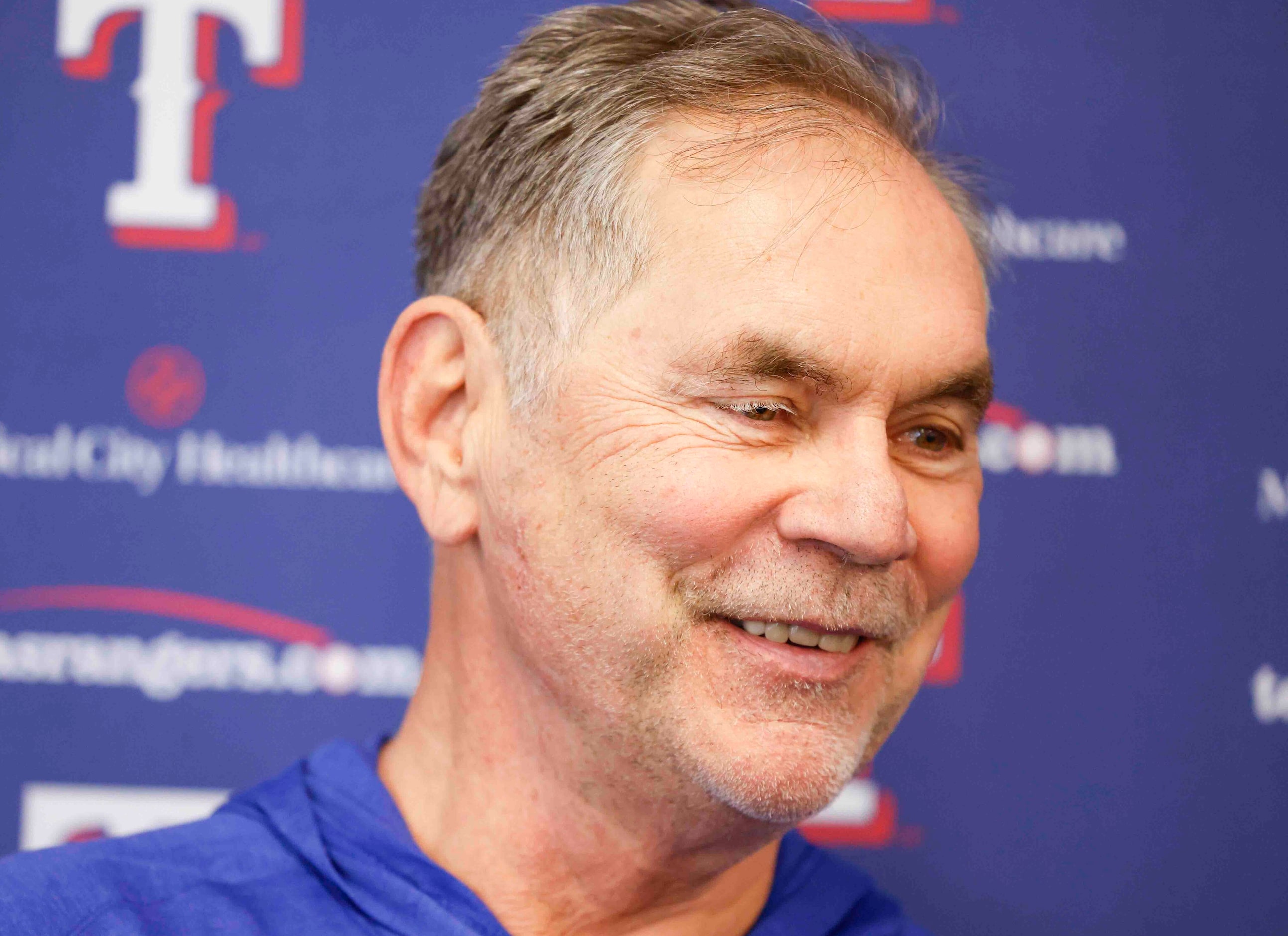 Texas Rangers manager Bruce Bochy attends a press briefing ahead of spring training on...