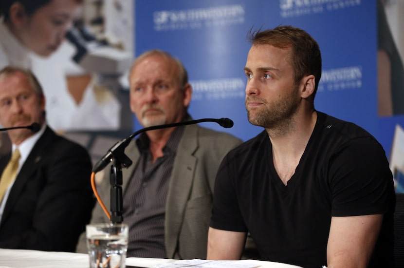 Dallas Stars center Rich Peverley (17) pauses as he delivers a statement during a press...