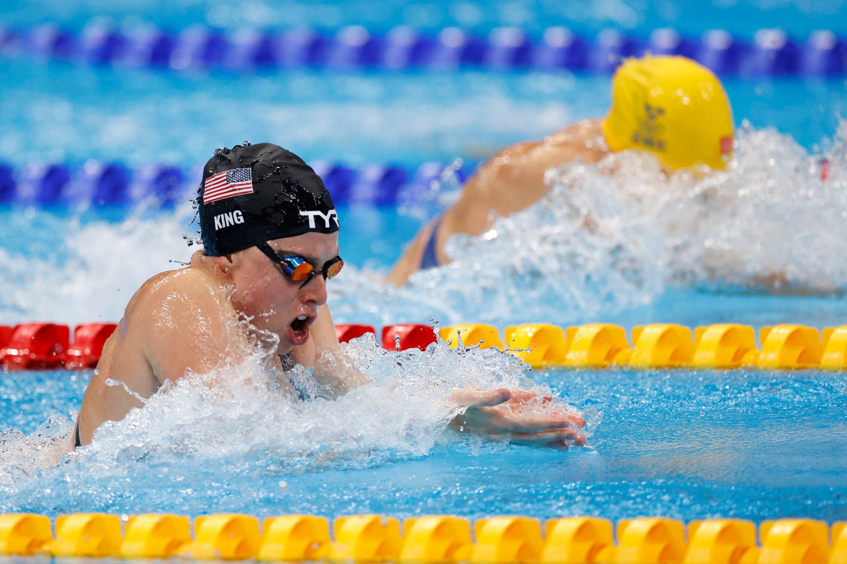 USA’s Lilly King competes in the women’s 100 meter breaststroke final during the postponed...