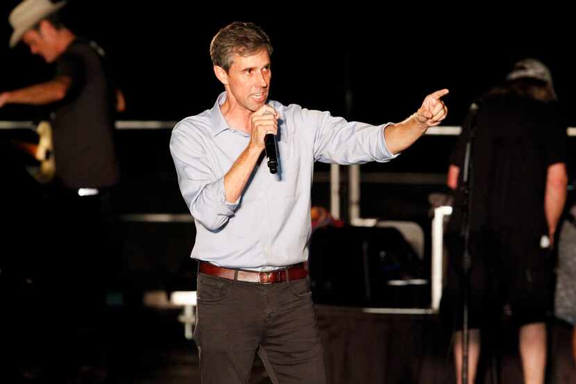 Senate candidate Beto O'Rourke, shown at a rally and concert with Willie Nelson  in Austin...