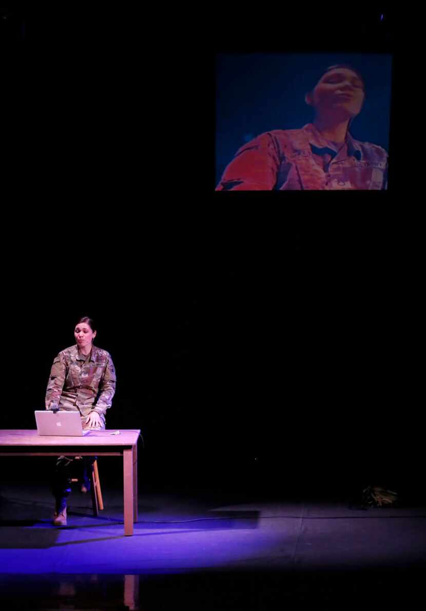 Staff Sgt. Michaela Shelton, portraying The Soldier, performs onstage during a dress...