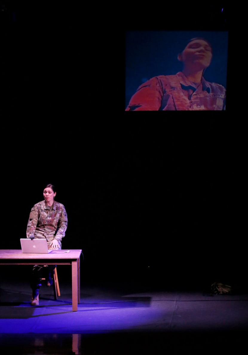 Staff Sgt. Michaela Shelton, portraying The Soldier, performs onstage during a dress...