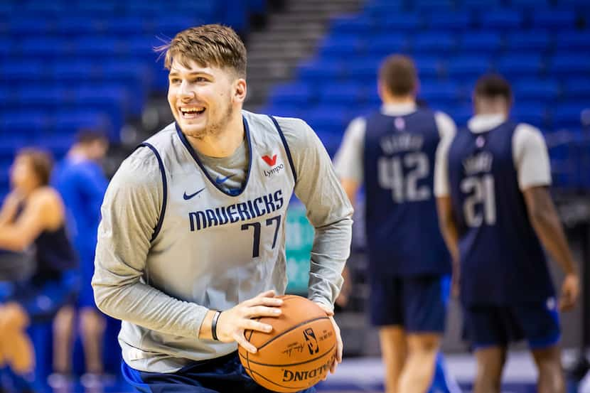 Dallas Mavericks guard Luka Doncic (77) takes a shot during practice at Mercedes-Benz Arena...