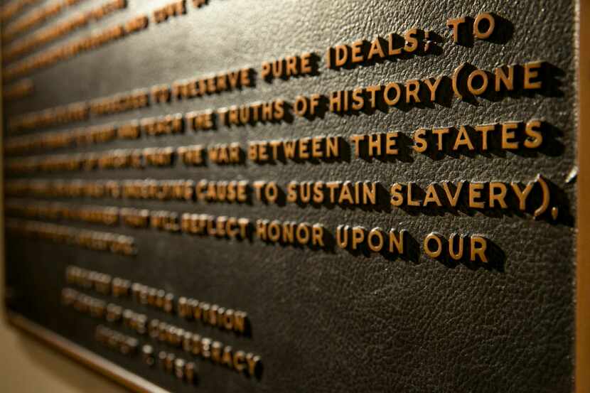 A Thursday Aug. 17, 2017 photo shows the Children of the Confederacy Creed plaque at the...