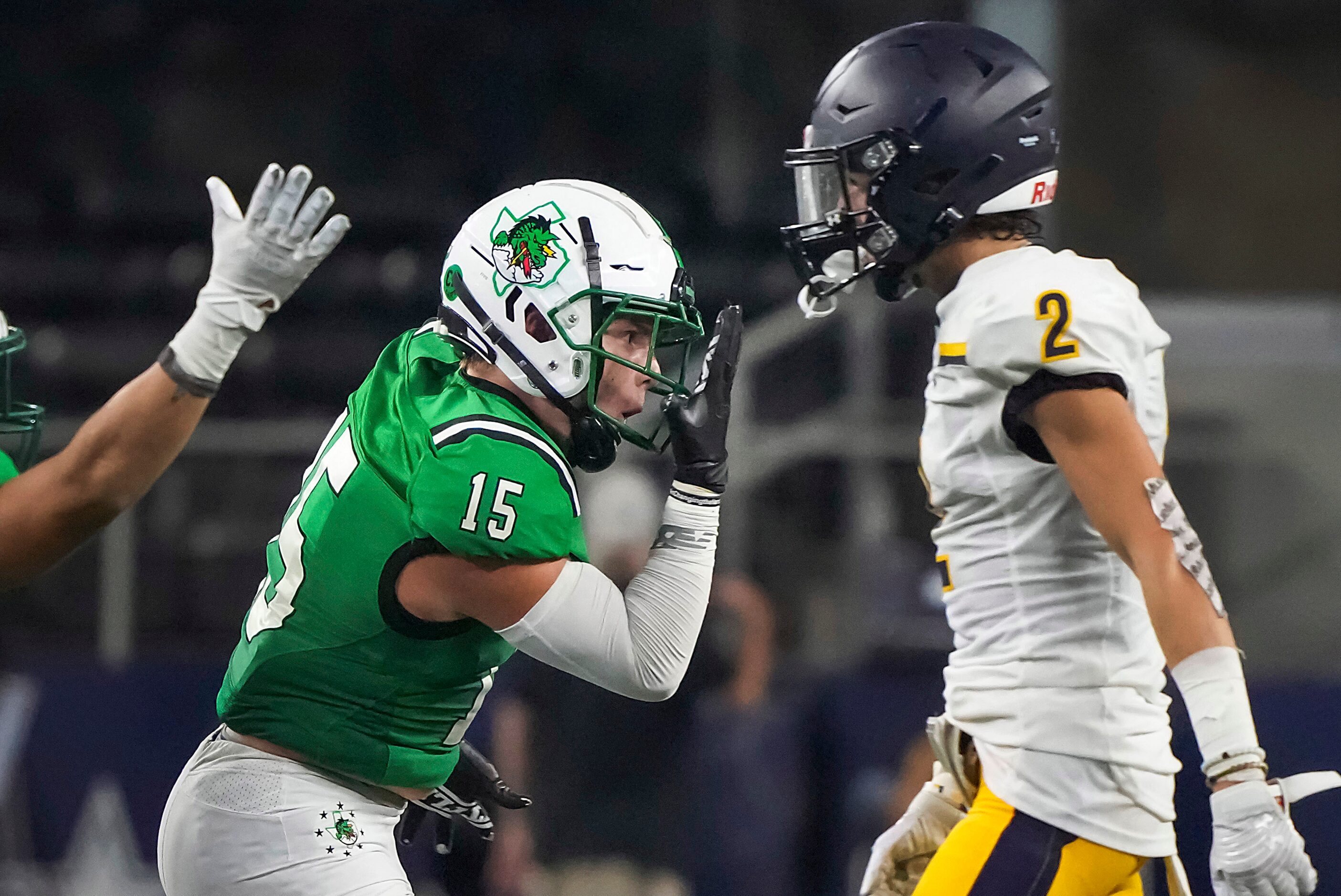 Southlake Carroll linebacker Allan Kleiman (15) celebrates after intercepting a pass during...