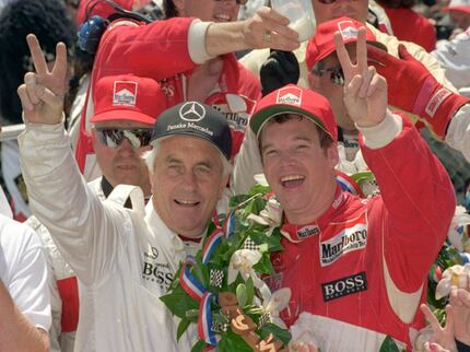 FILE - In this May 29, 1994,  file photo, Indianapolis 500 winner Al Unser Jr., right,...