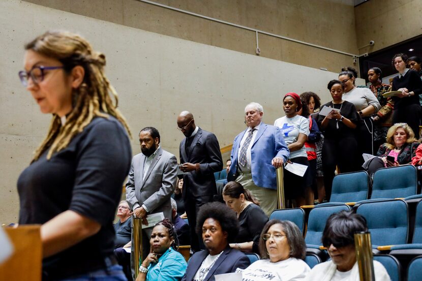 The stairs at Dallas City Council chambers were lined with people waiting to address council...