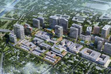 An aerial rendering of the future phases of the Trinity Grove master plan from Goldenrod...