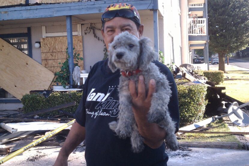 Juan Sauerec found his family's dog amid the ruins of their burned home Monday, a day after...