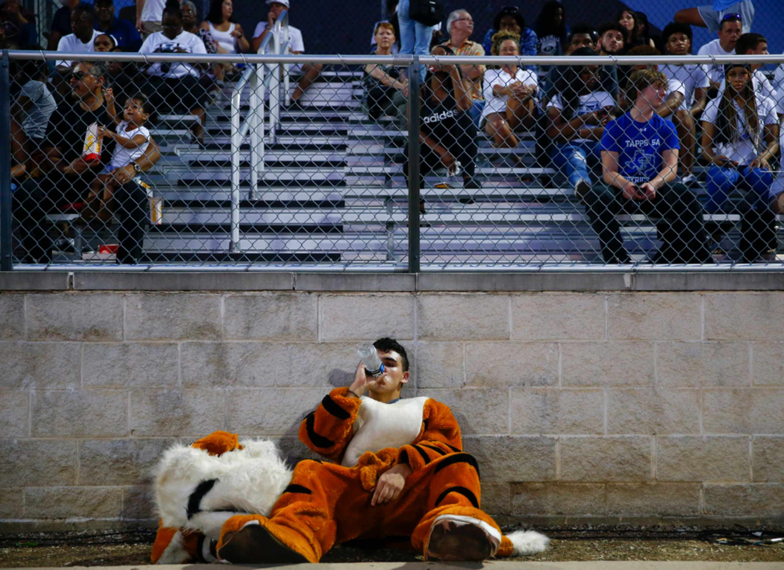 Trinity Christian-Cedar Hill Tigers mascot Josh Barajas, 16, takes a breather during...