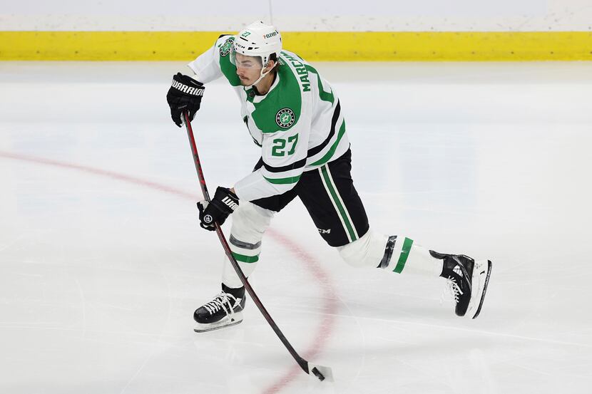 Dallas Stars left wing Mason Marchment (27) shoots against the Minnesota Wild during the...