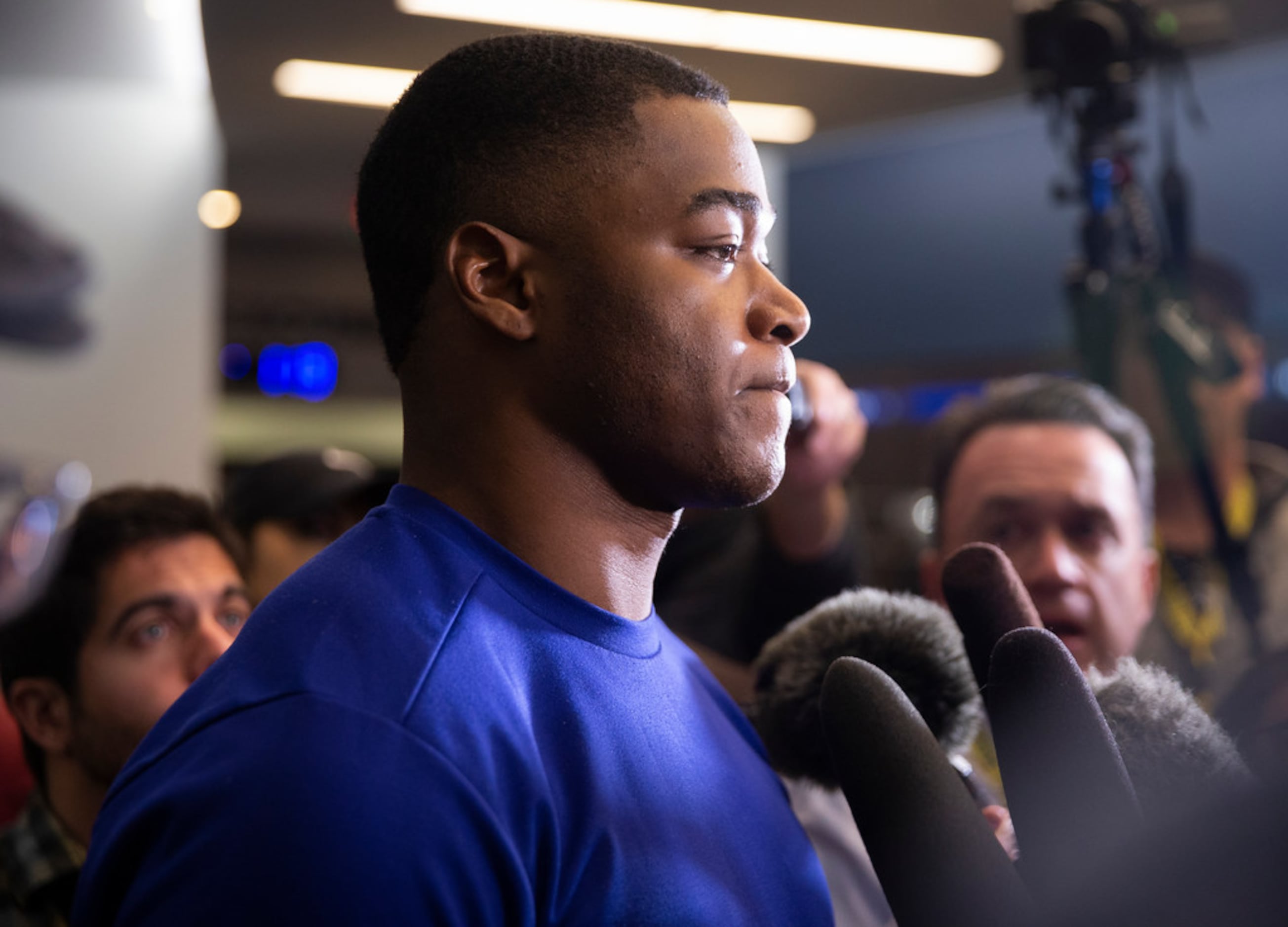 Dallas Cowboys WR Amari Cooper (#19) talks to reporters after a team meeting at The Star on...