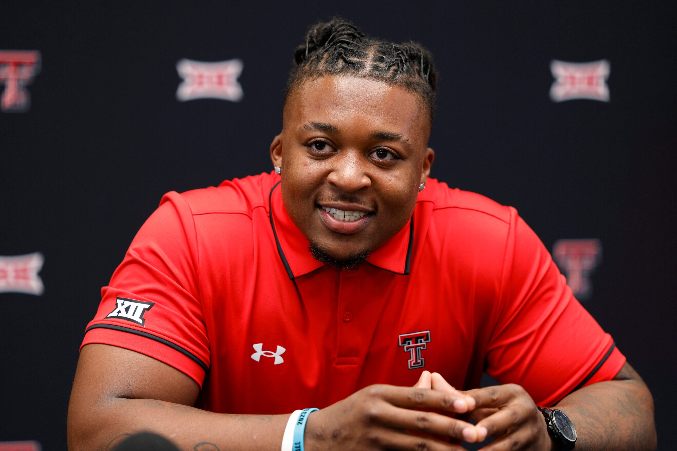 Texas Tech running back That Brooks talks to reporters during the Big 12 Media Days at AT&T...