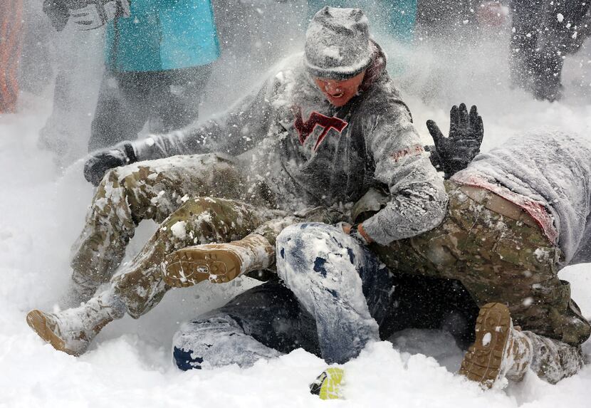  Fallen cadets take a barrage of fire from surrounding Hokies during an annual Civilians vs....