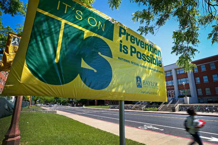 An "It's On Us" sign stood across the street from Martin Residence Hall on the Baylor...